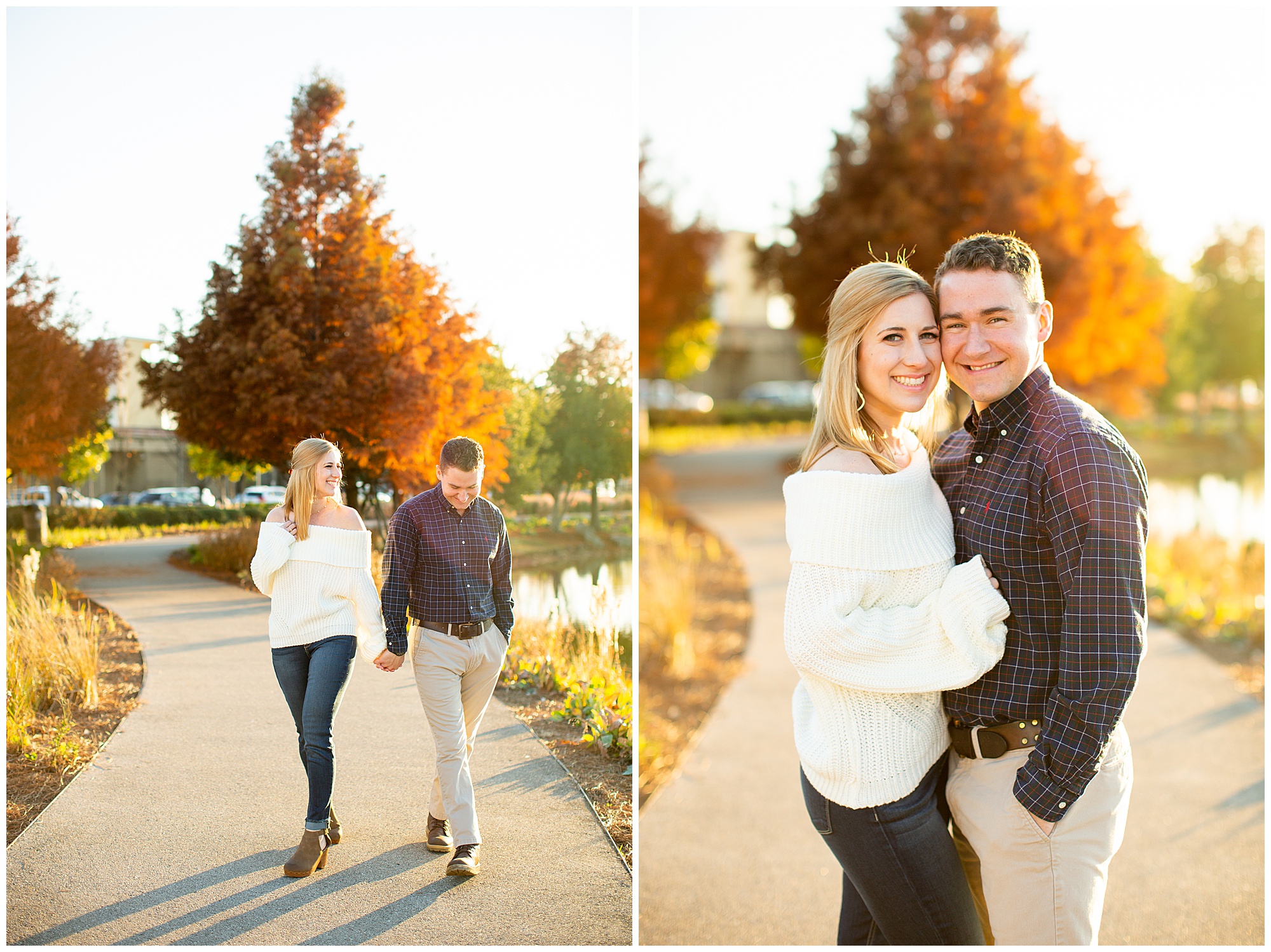 Railroad Park Engagement walking hand in hand