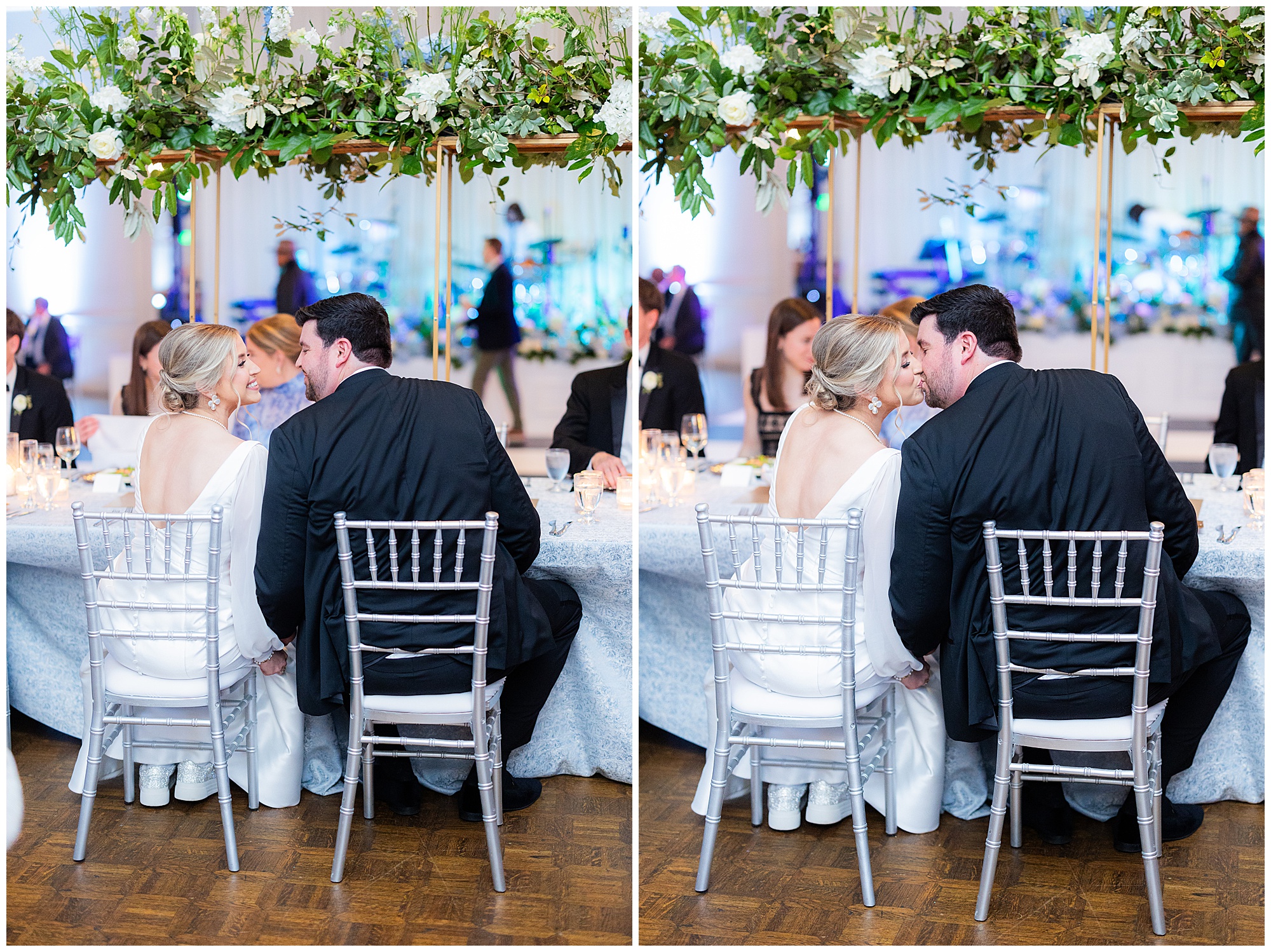 Faith and James take their seats at their dinner table and share a kiss. 