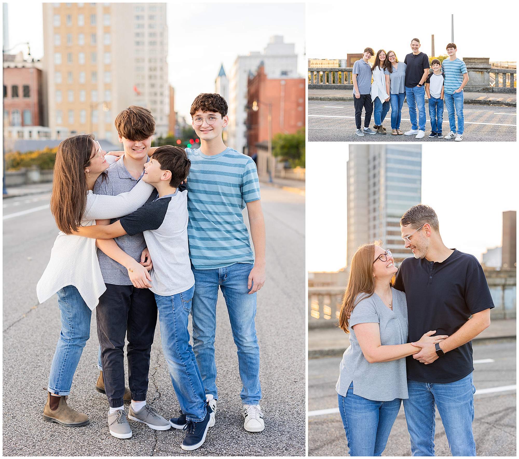 A collage of photos taken on the Pedestrian Bridge, one of the best places to take family photos in Birmingham, AL. 