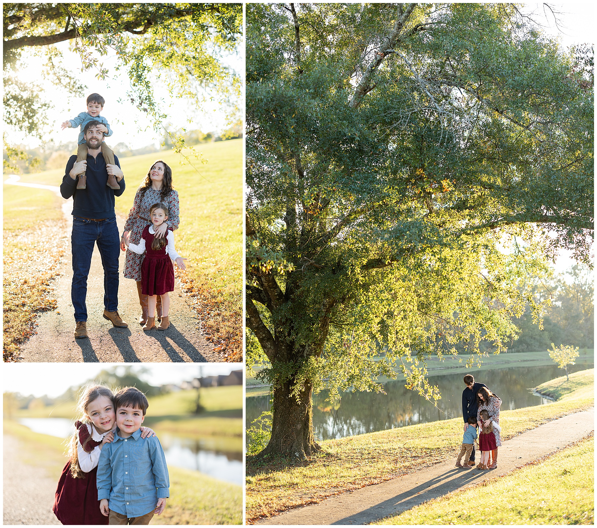 A collage of photos taken at Chace Lake Park, one of the best places to take family photos in Birmingham, AL. 