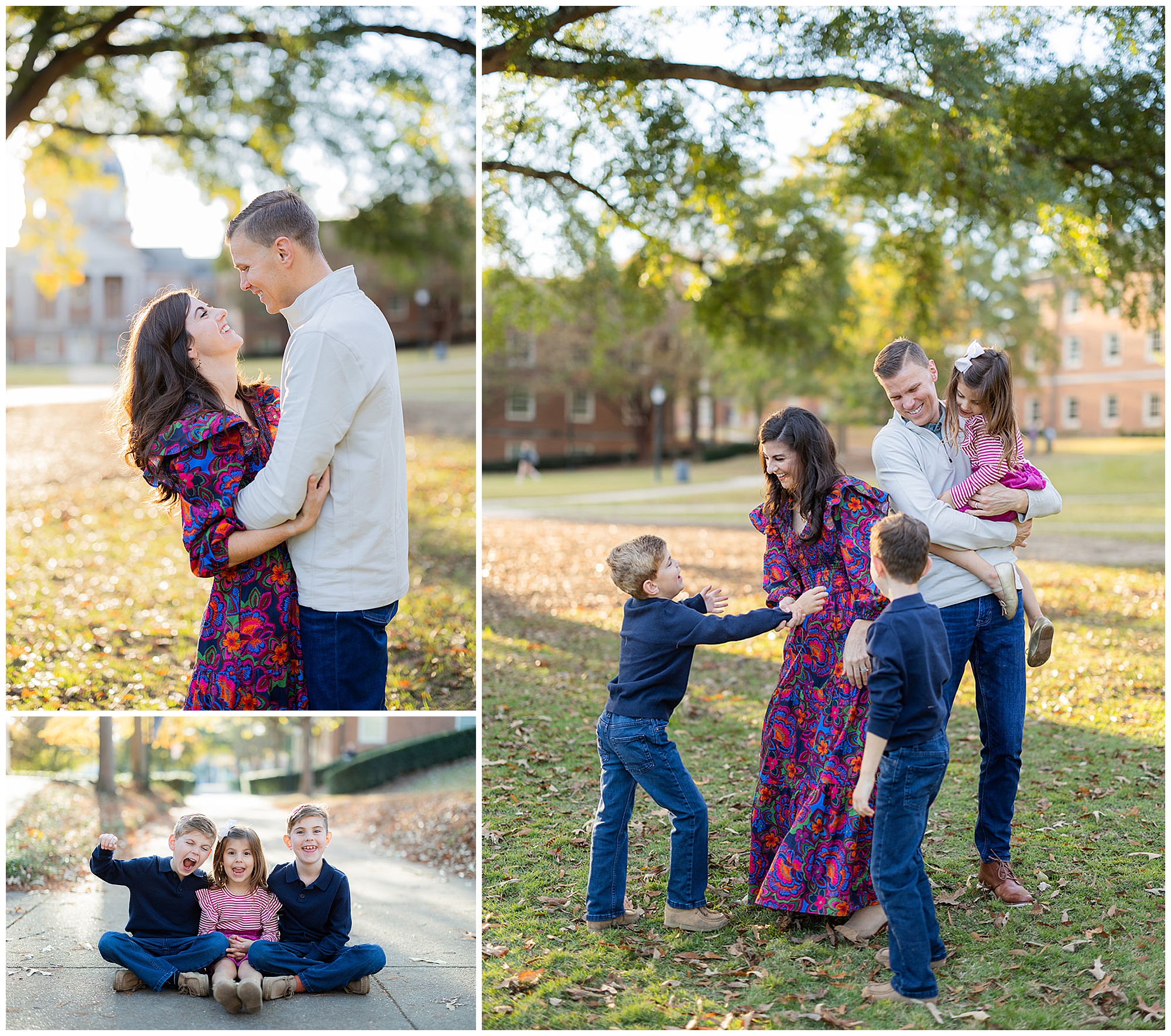 A collage of photos taken at Samford University, one of the best places to take family photos in Birmingham, AL. 