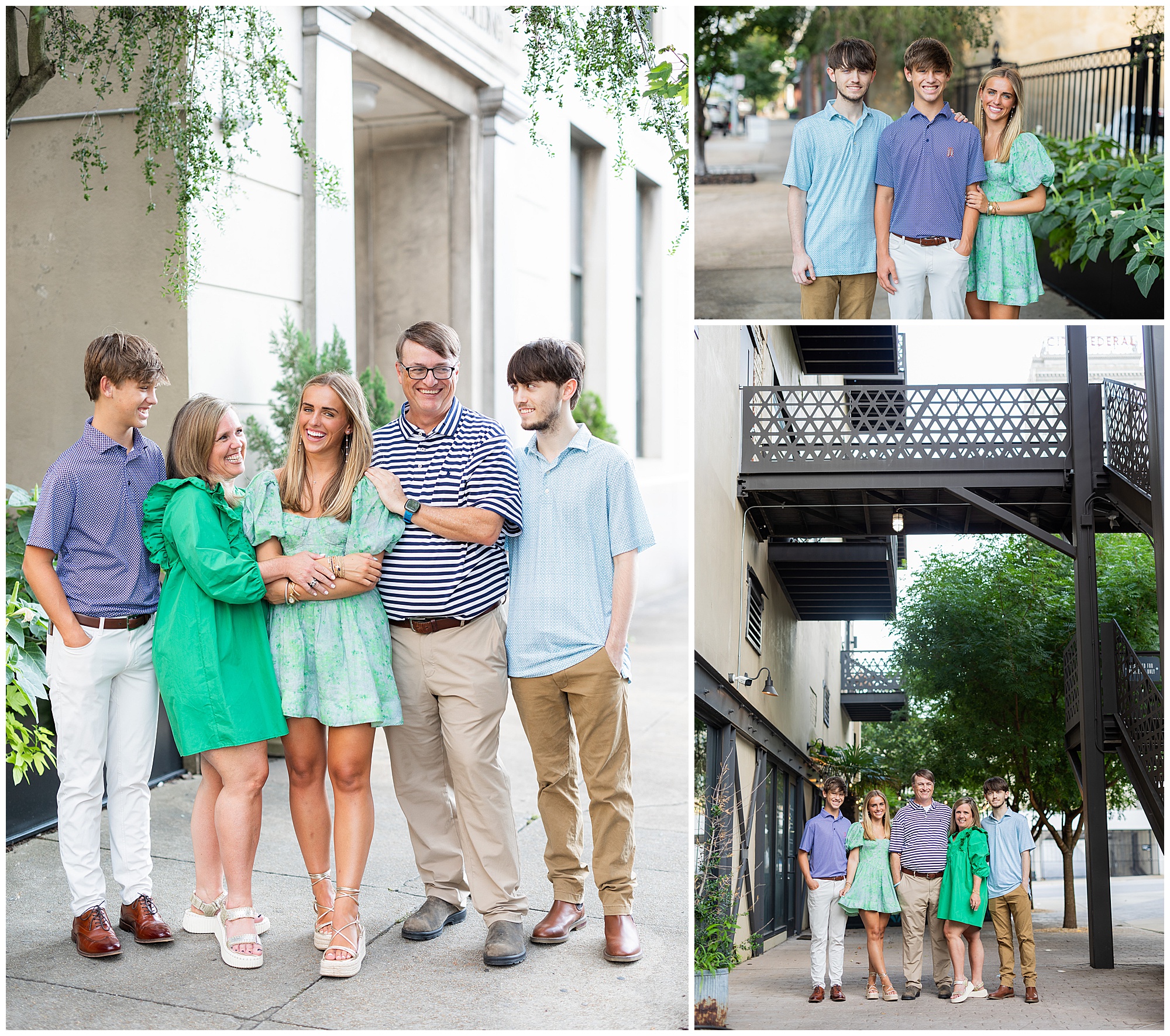 A collage of photos taken on Morris Avenue, one of the best places to take family photos in Birmingham, AL. 