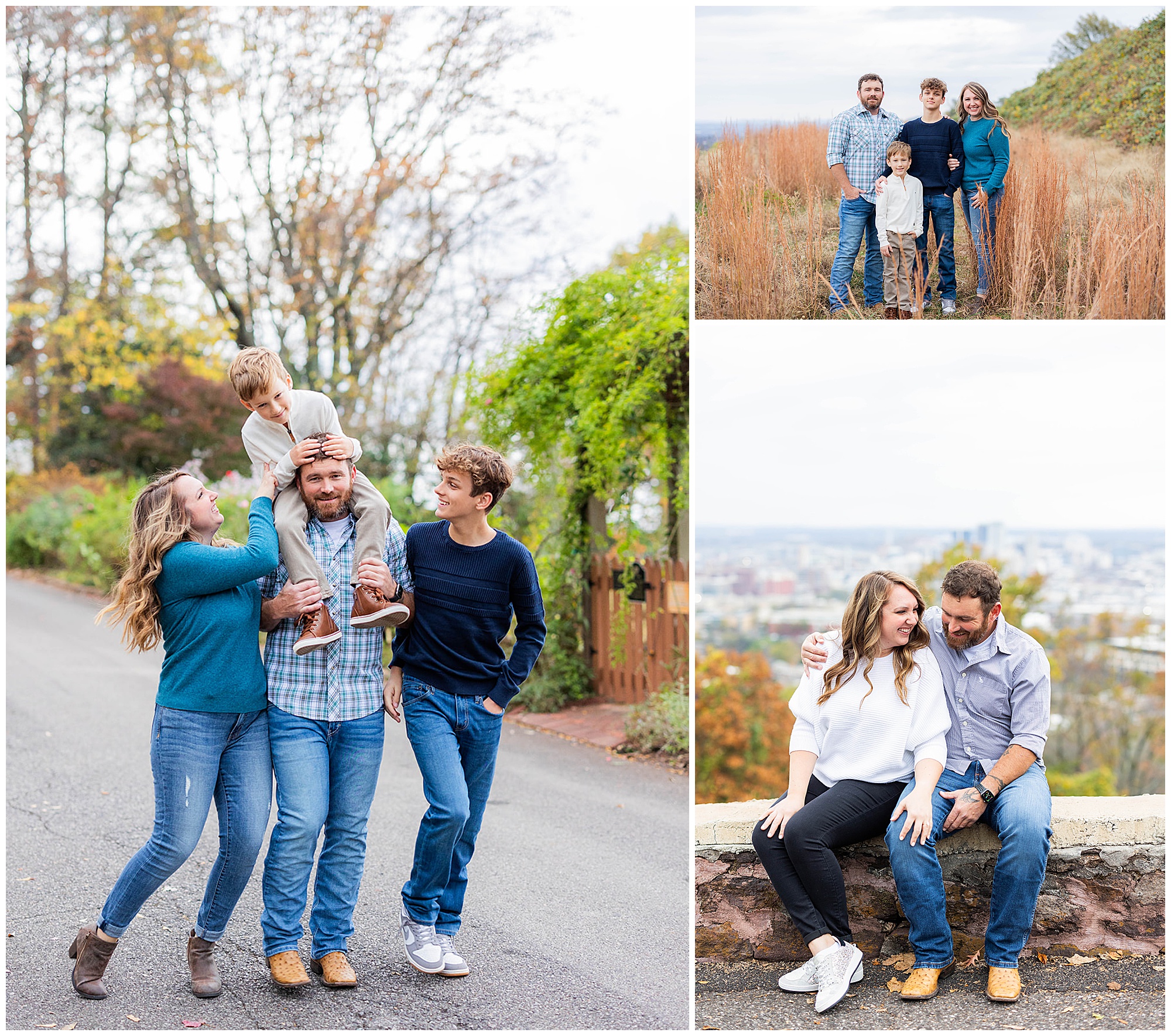 A collage of photos taken on Crest Road, one of the best places to take family photos in Birmingham, AL. 