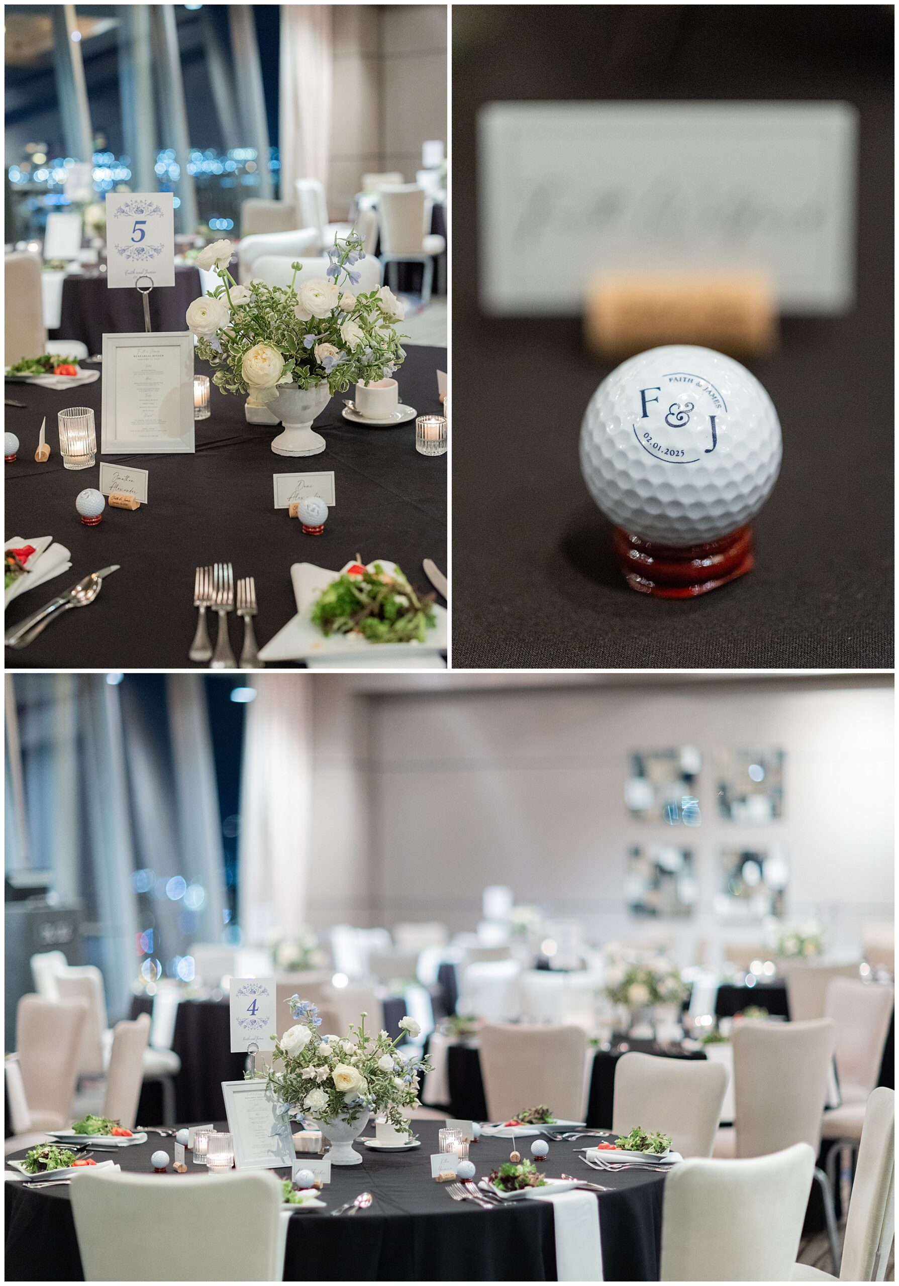 A room is full of dinner tables, featuring simple place settings, a floral centerpiece and personalized golf balls with the bride and groom's name printed on the front. 