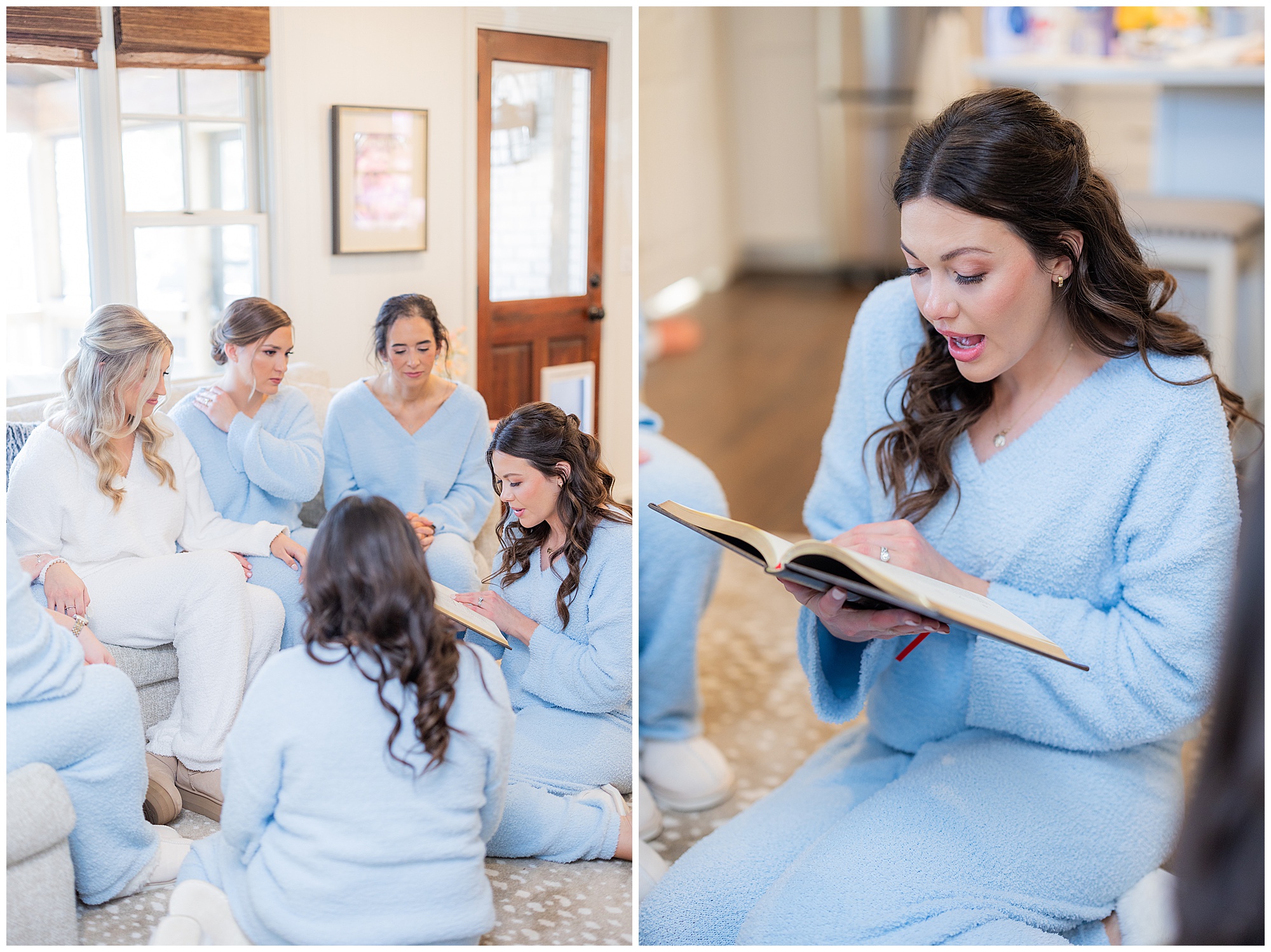 The bridesmaids surround faith while reading a liturgy aloud to her. They're wearing matching blue fuzzy pajamas. 