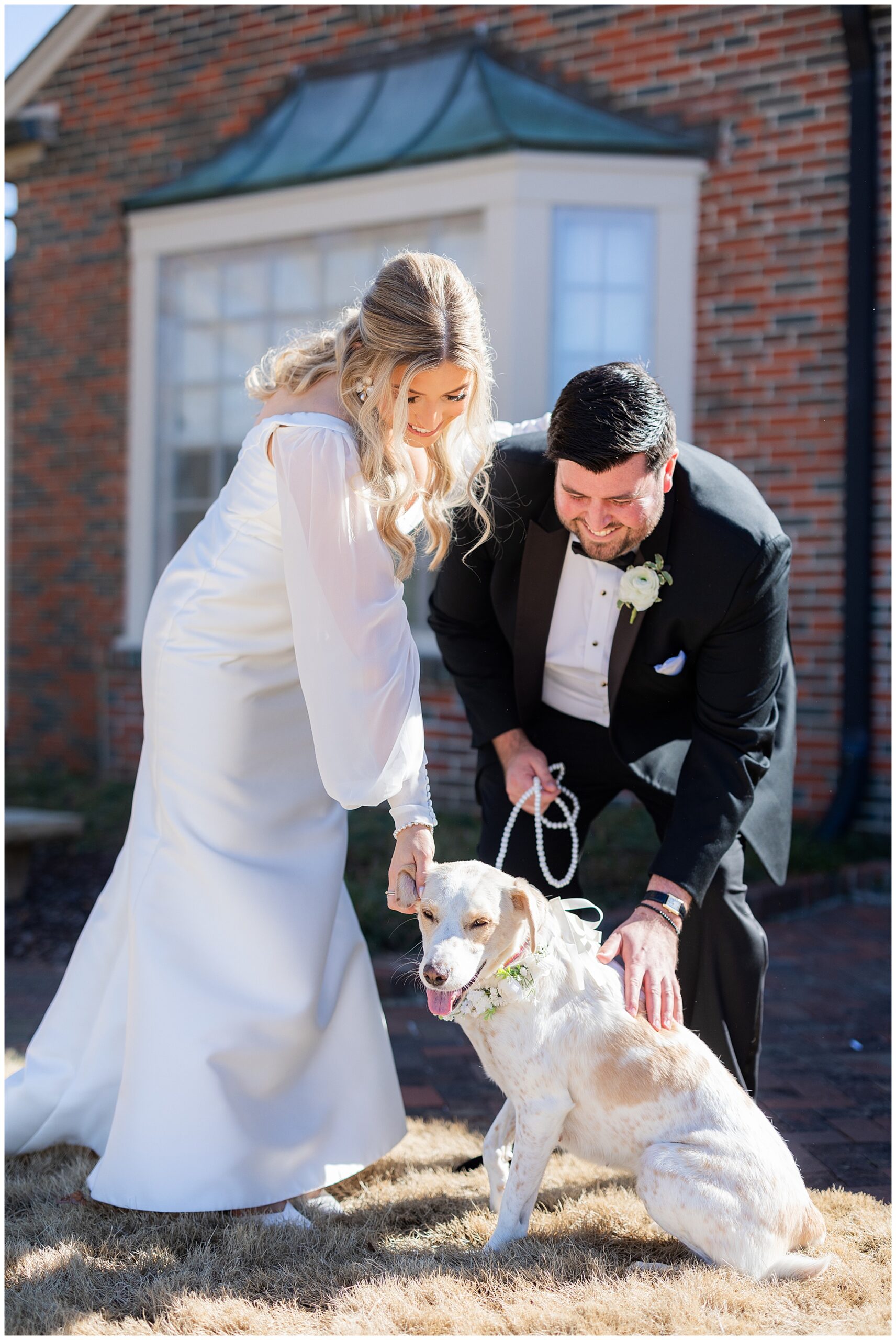 Faith and James are joined at their first look by their dog, Maple. Maple is white with tan spots. 