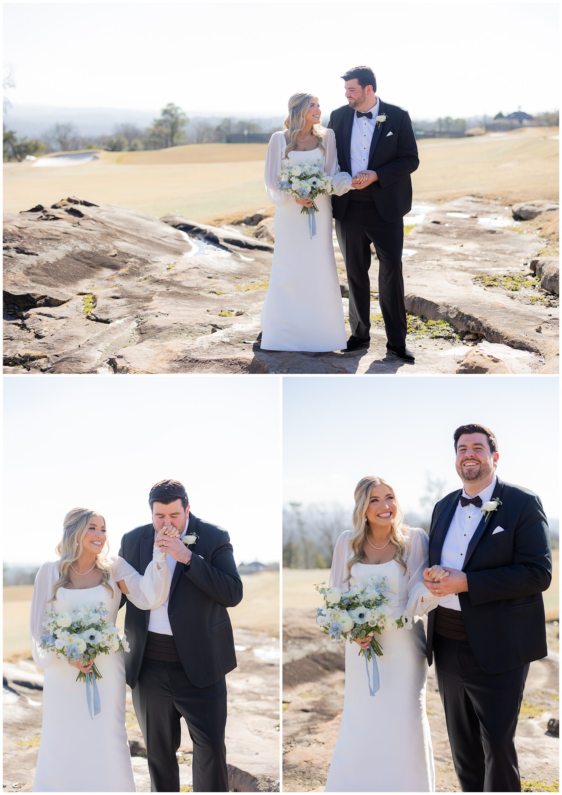 Faith and James stand next to each other on an outcropping of rocks at the Vestavia Country Club. They are smiling and holding hands. 