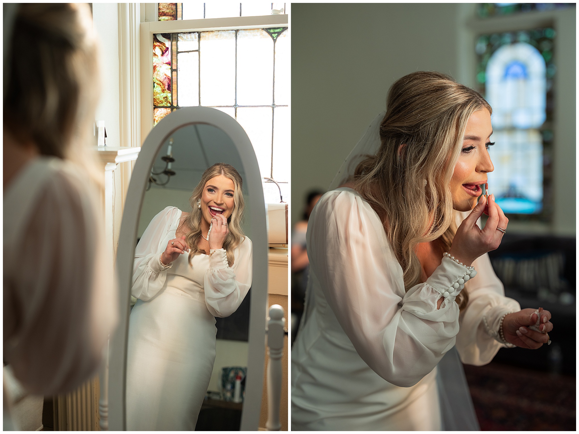 Faith looks in a mirror and touches up her makeup before she walks down the aisle. 