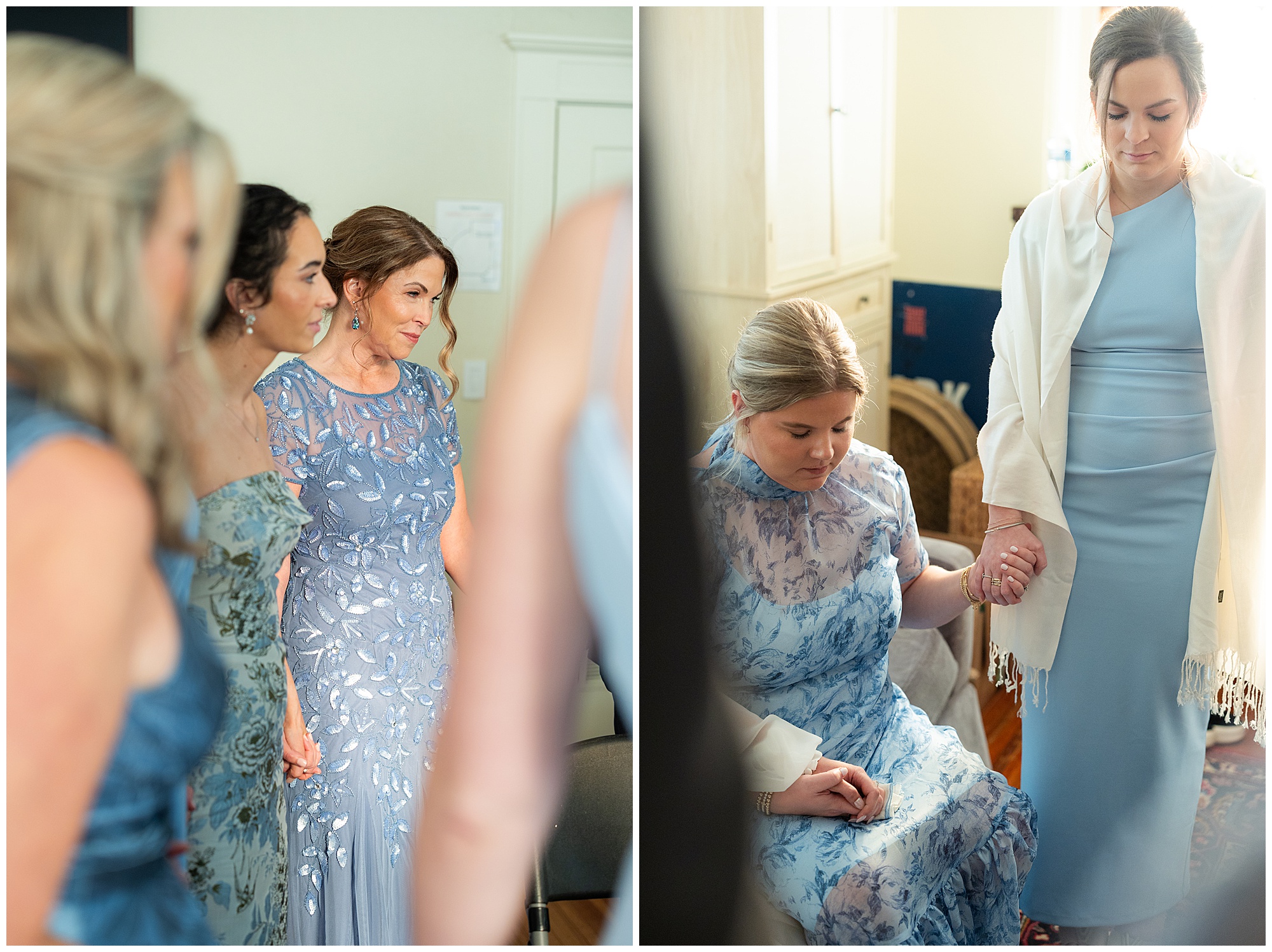 The bridesmaids and moms hold hands while they pray over Faith before she walks down the aisle. 