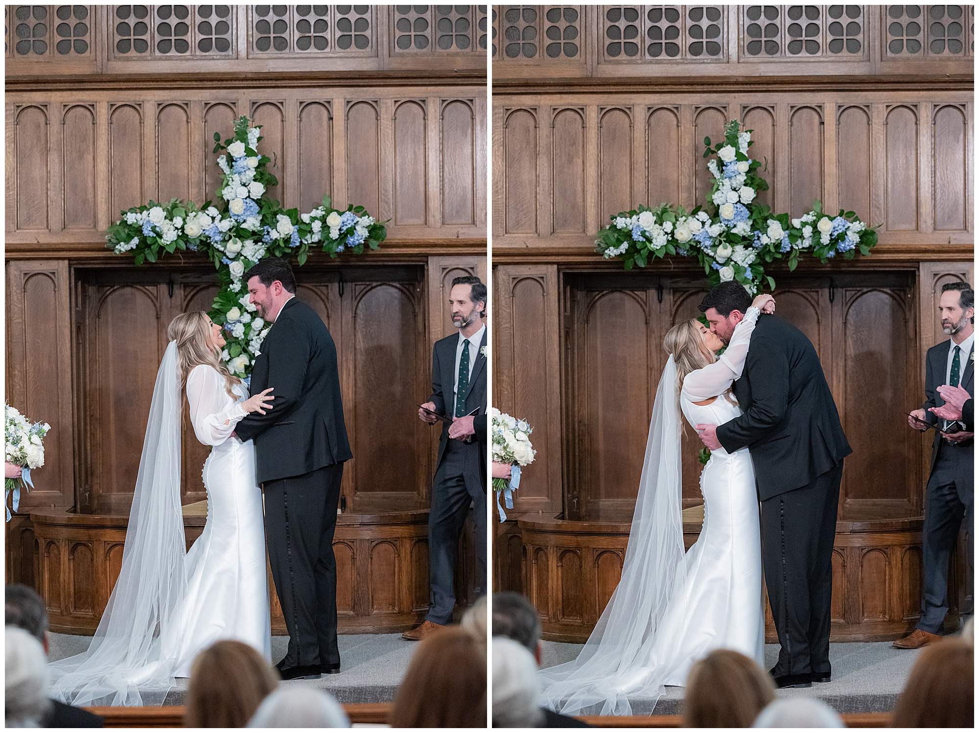 Faith and James share their first kiss as husband and wife in front of a blue and white floral cross. 