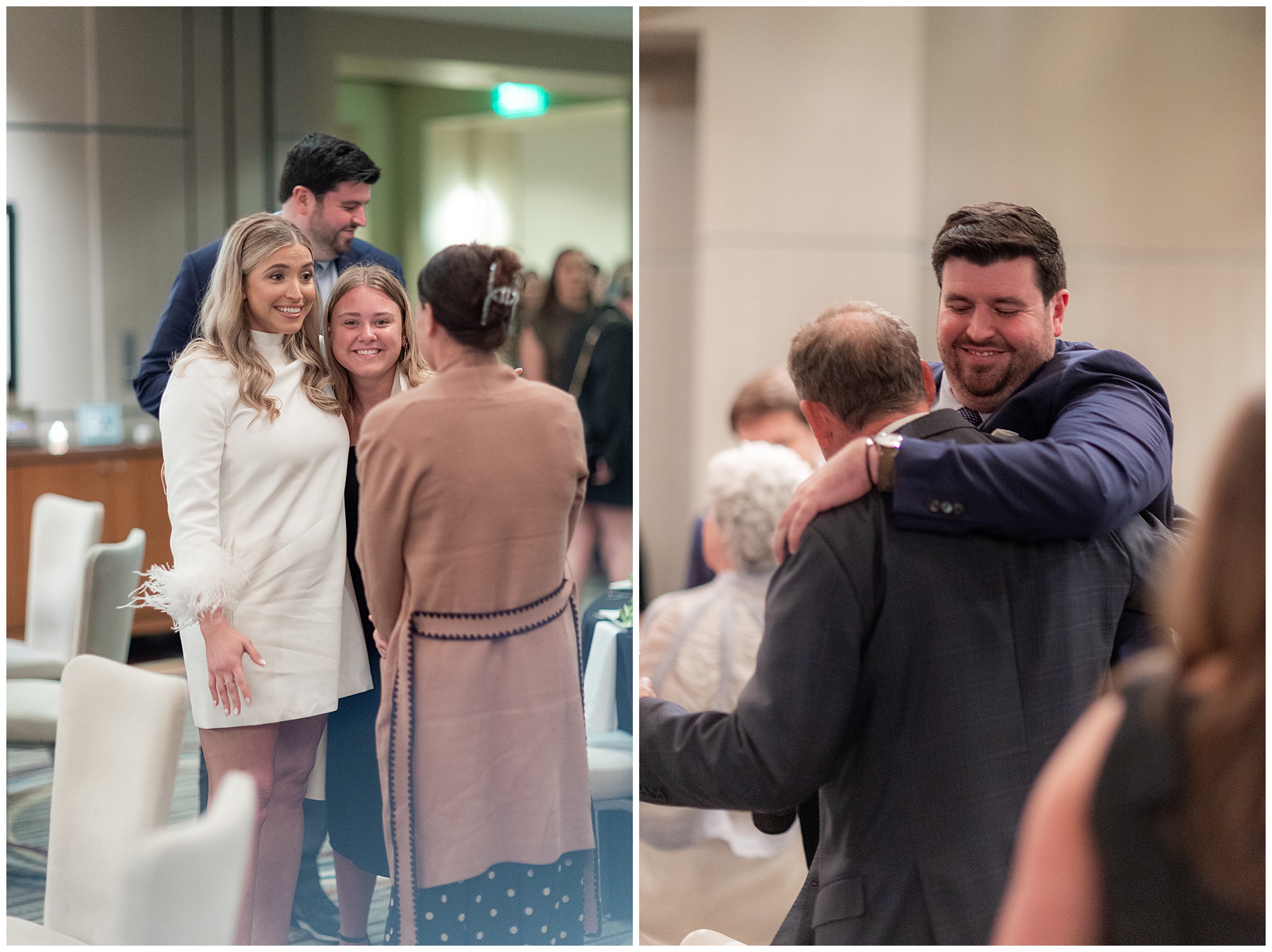 Faith and James embrace their guests as they celebrate at their rehearsal dinner. 