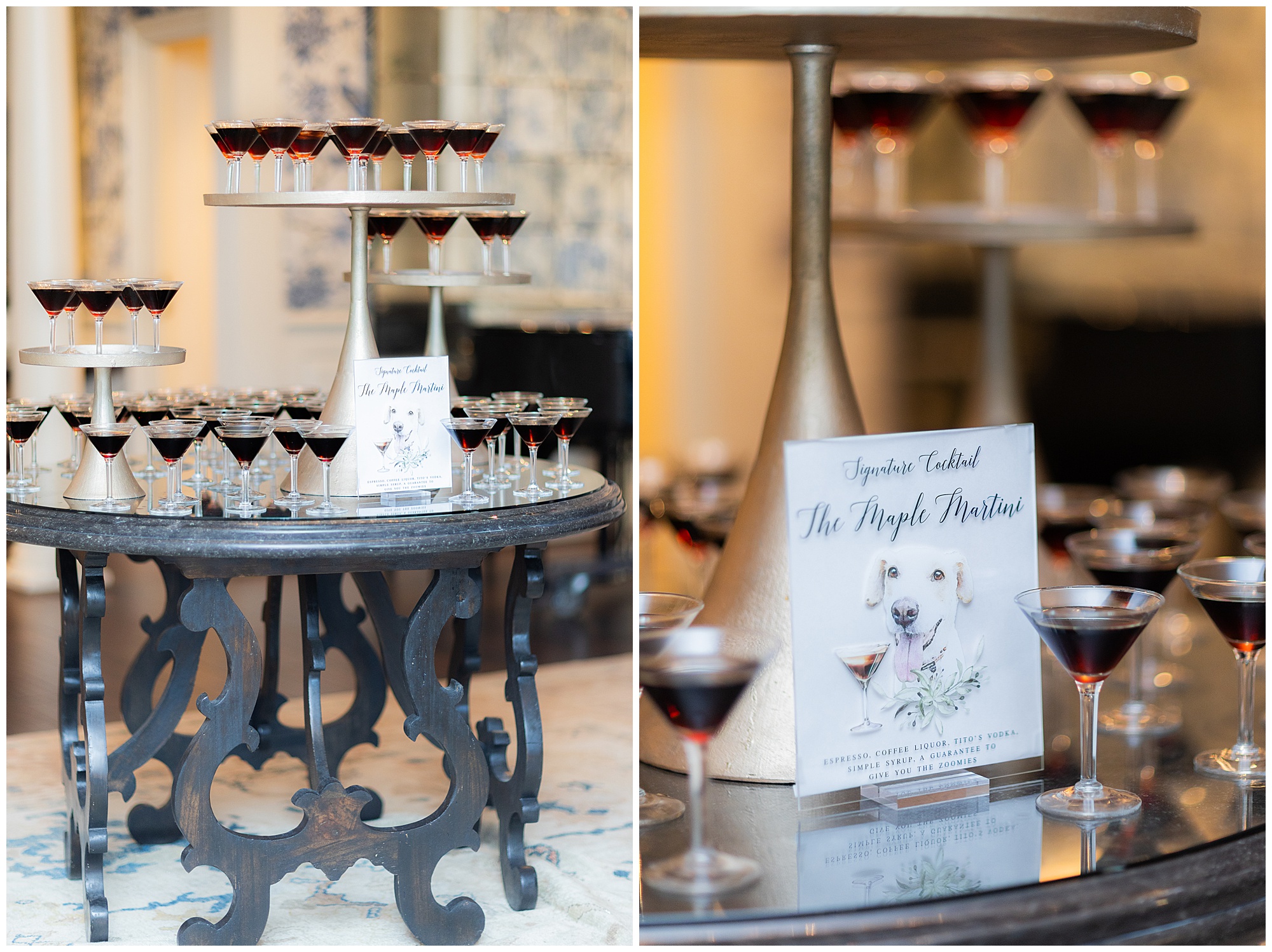 A display of espresso martinis stand ready for guests to grab as they enter the vestavia country club. 