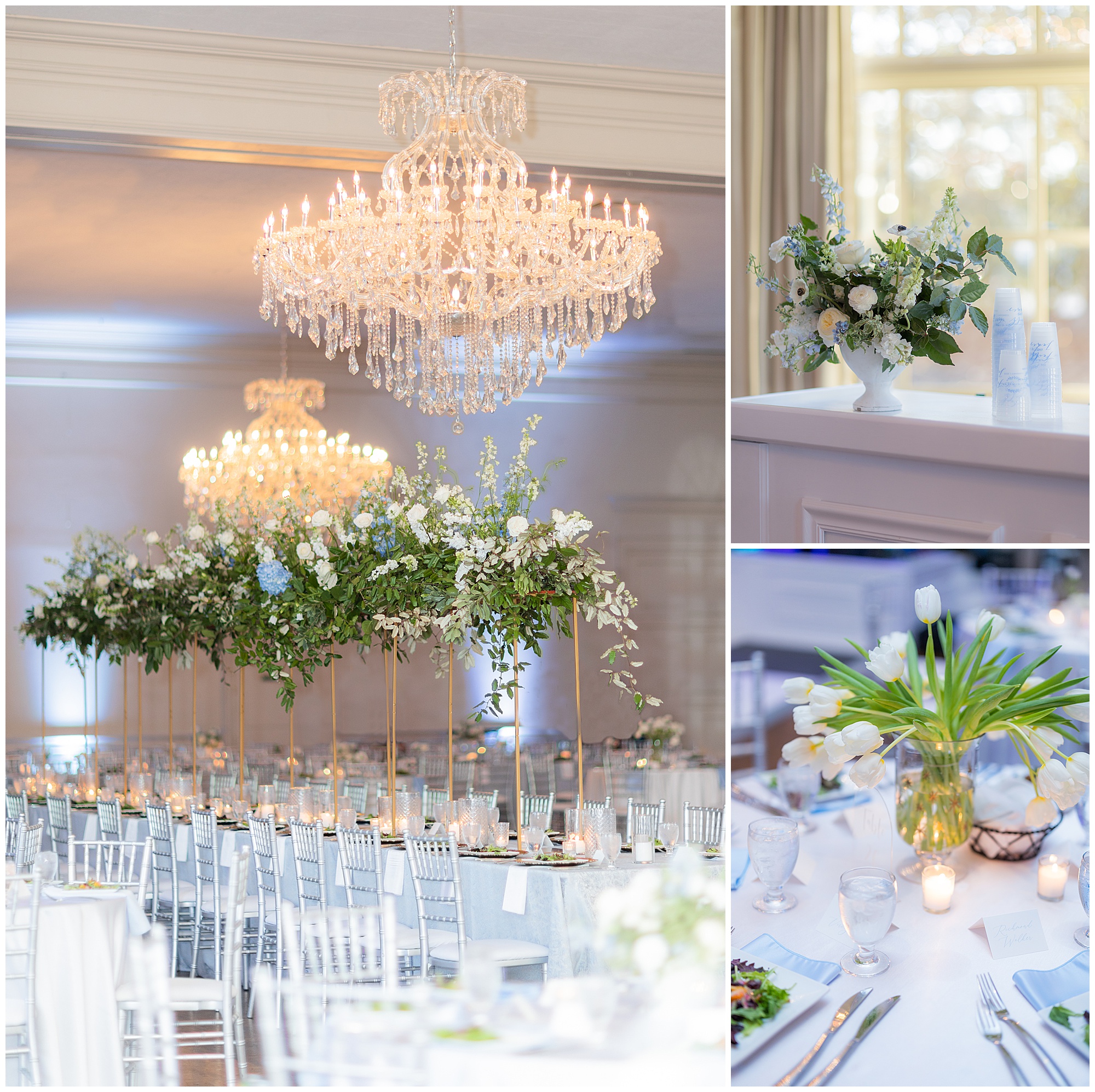 The ballroom at the Vestavia Country Club is full of 250 seats for guests. There are large green, white and blue floral arrangements on each table. 