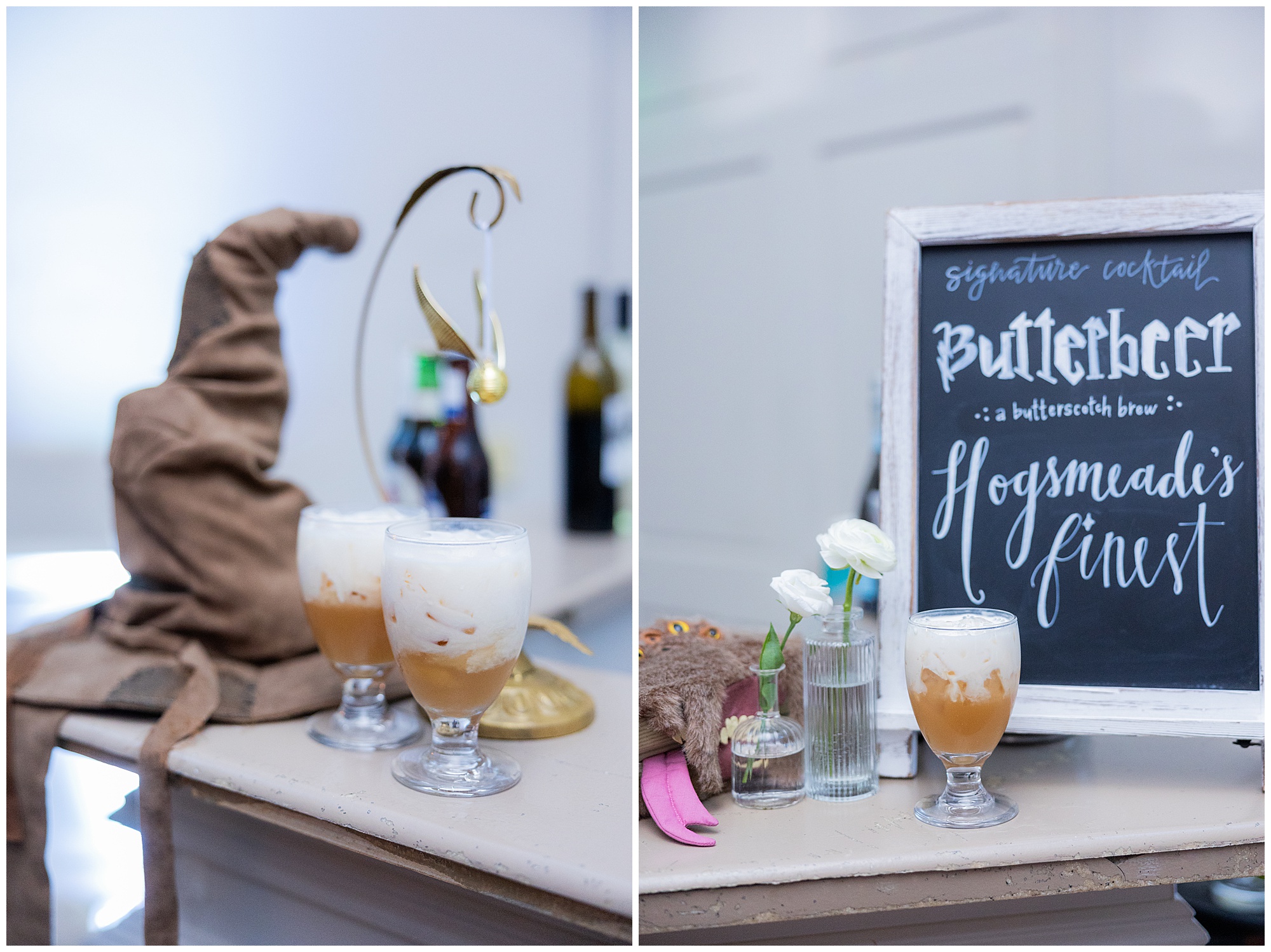 Two cups of butter beer sit on the bar next to a pretend Sorting Hat, a golden snitch and a sign reads: "Signature cocktail. Butterbeer. A Butterscotch brew. Hogsmeade's Finest." 