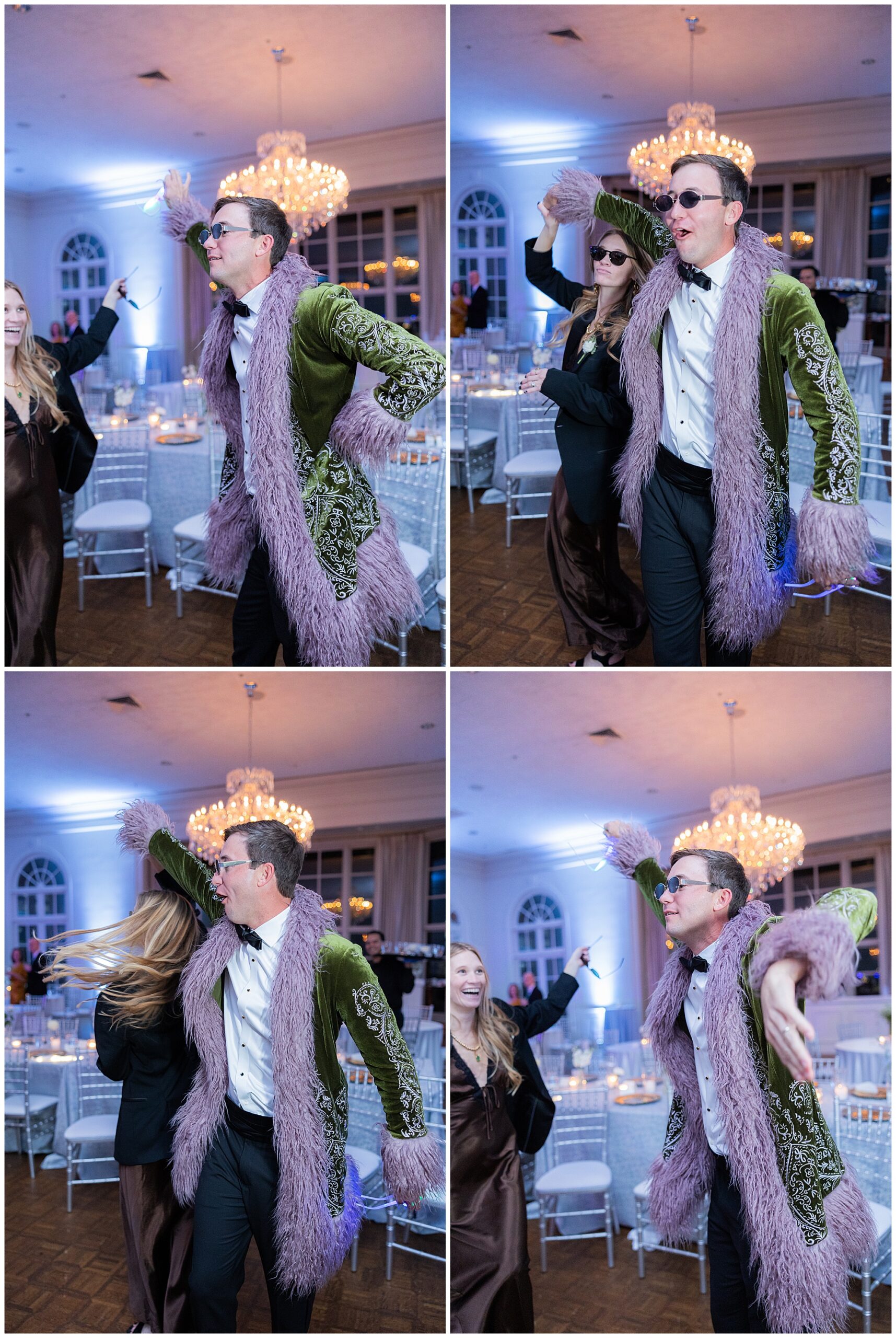 One guest is wearing a bright green velvet trench coat with lavender purple fringe on the dance floor. 