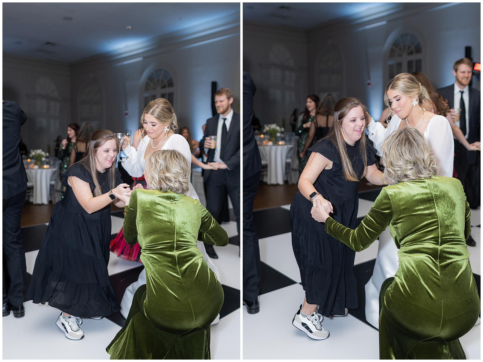 Faith and guests dance on the black and white checkered dance floor. 