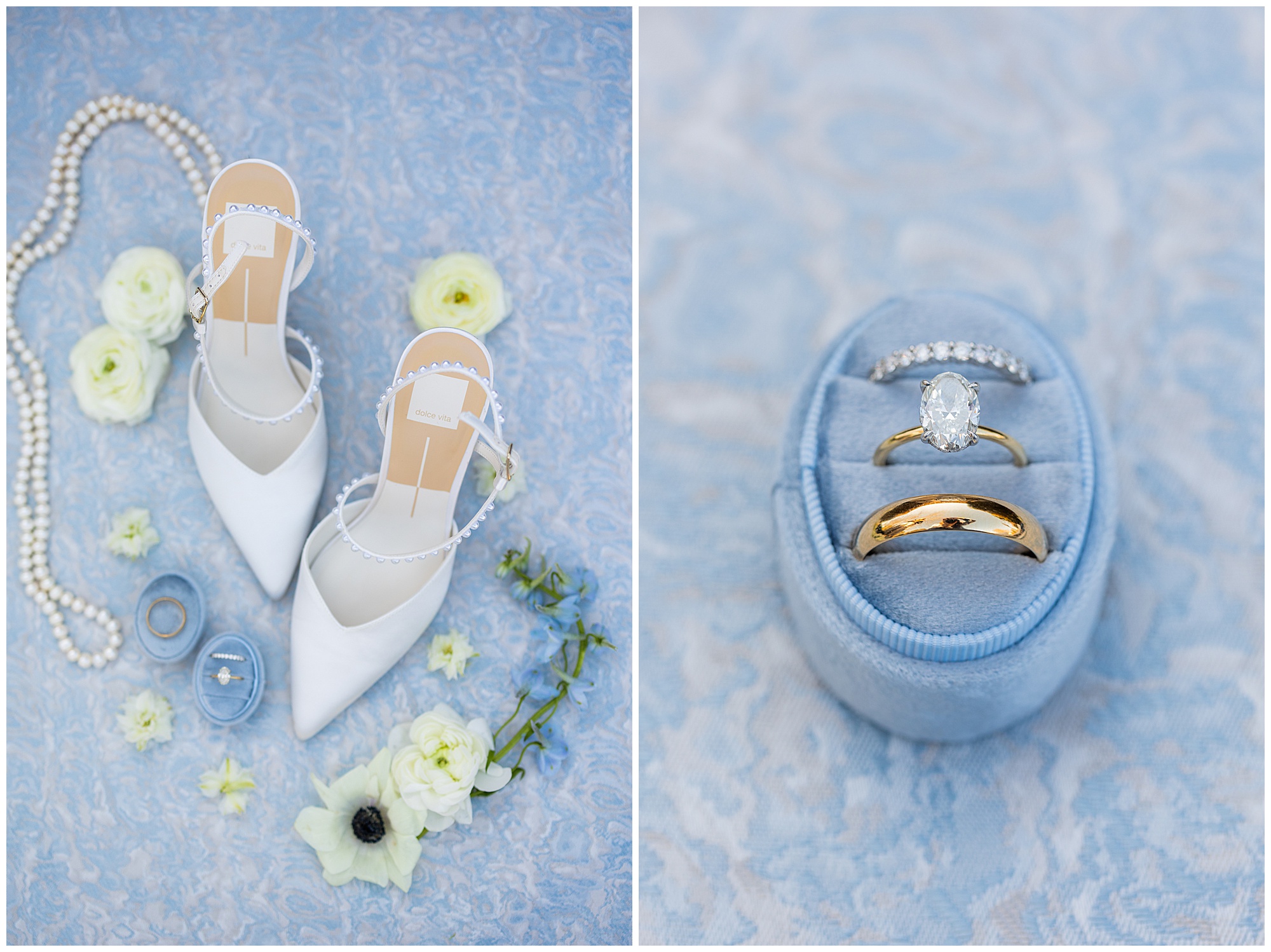 Faith's wedding shoes are short, white, pointed heels with pearls around the ankles. The photo also features her engagement ring and pearl necklace. 